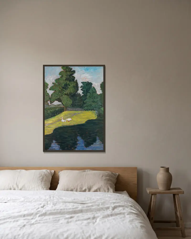 An der Wümme mit Gänsen av Otto Modersohn inramad på en vägg