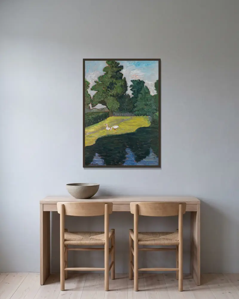 An der Wümme mit Gänsen av Otto Modersohn inramad på en vägg