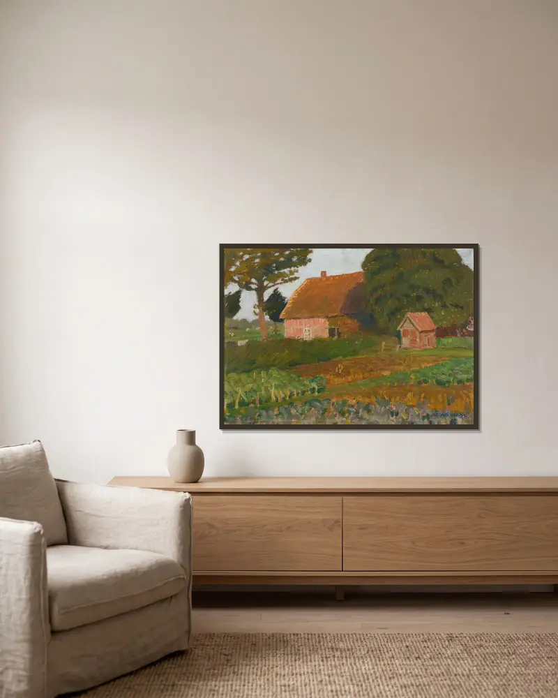 Bauerngarten in der Abendsonne von Otto Modersohn gerahmt an einer Wand