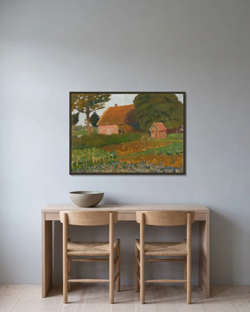 Bauerngarten in der Abendsonne von Otto Modersohn gerahmt an einer Wand