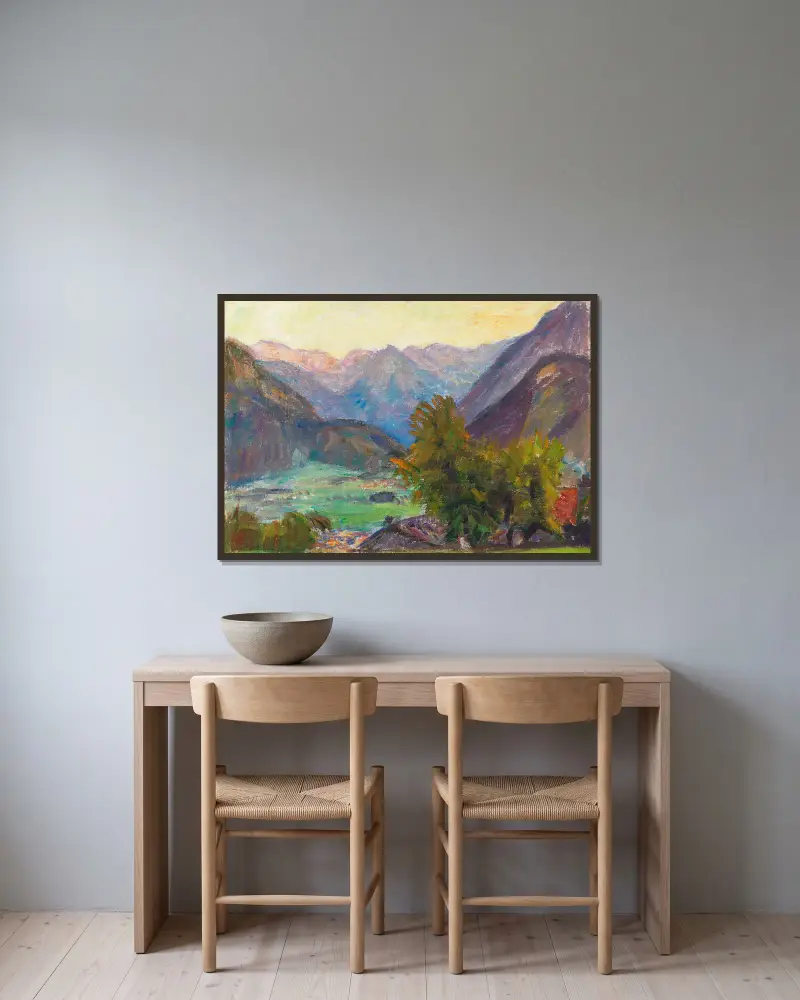 Blick ins Ostrachtal mit Hintersteiner Bergen av Otto Modersohn inramad på en vägg