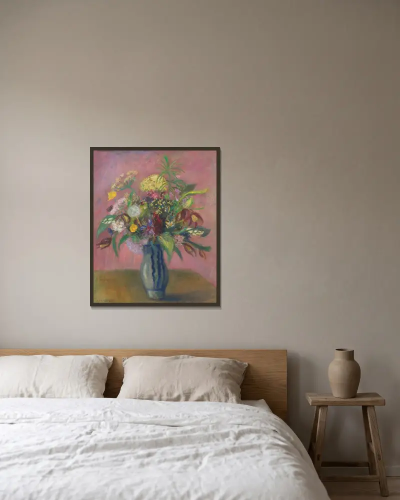 Blomsterstilleben av Otto Modersohn inramad på en vägg