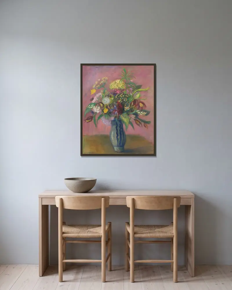 Blomsterstilleben av Otto Modersohn inramad på en vägg