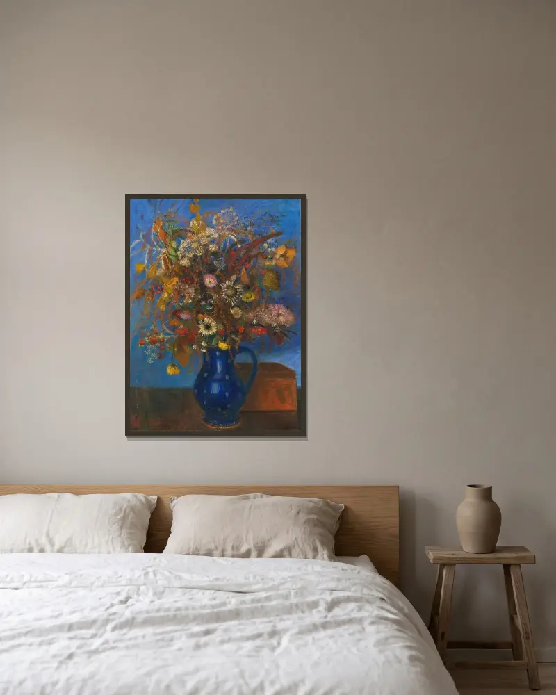 Blumenstrauß im blauen Krug von Otto Modersohn gerahmt an einer Wand