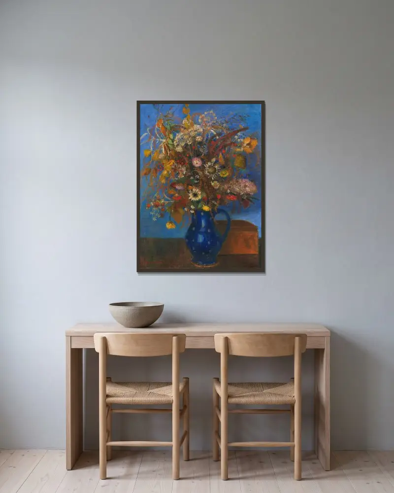 Blumenstrauß im blauen Krug von Otto Modersohn gerahmt an einer Wand