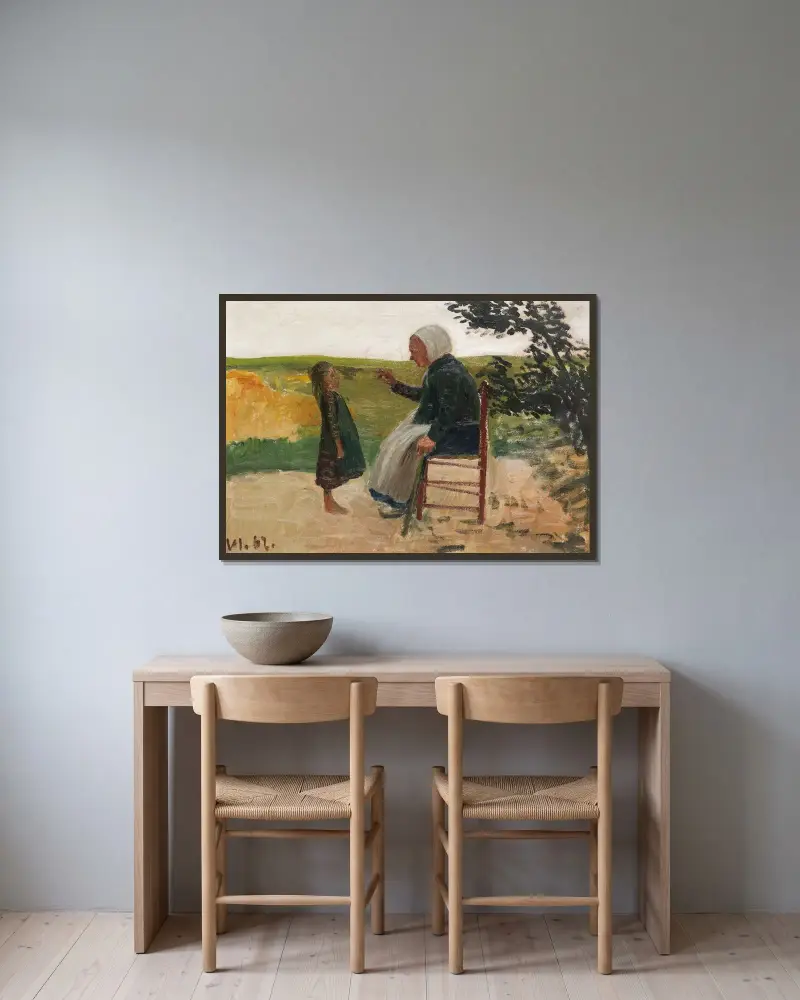 Dreebeen mit Mädchen von Otto Modersohn gerahmt an einer Wand