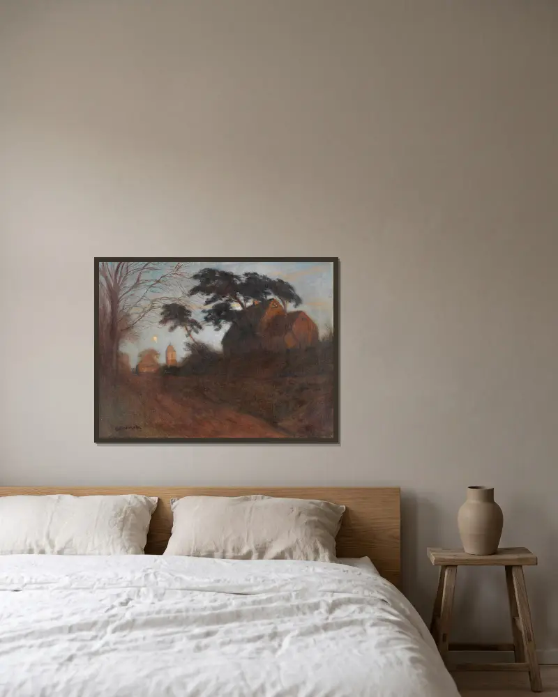Vjezd do Worpswede (Večer ve Worpswede se starou kovárnou Strußových), Otto Modersohn v rámu na stěně