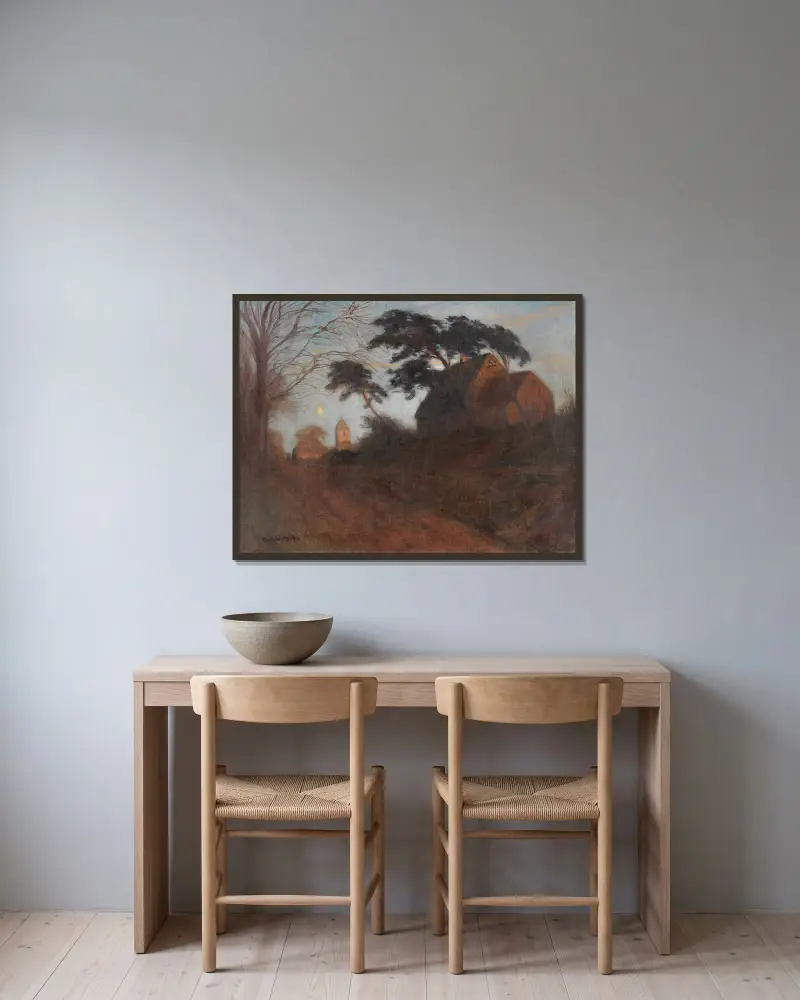 Vjezd do Worpswede (Večer ve Worpswede se starou kovárnou Strußových), Otto Modersohn v rámu na stěně