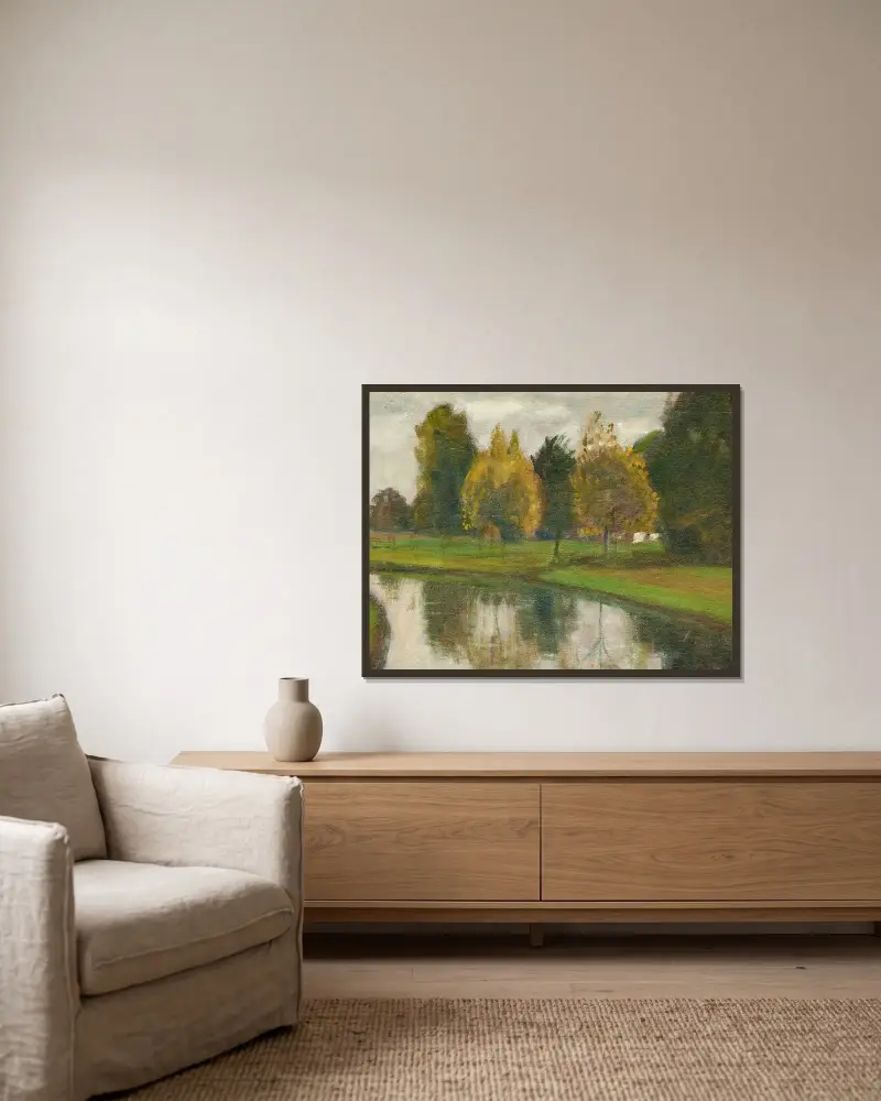 Herbstlandschaft am See von Otto Modersohn gerahmt an einer Wand