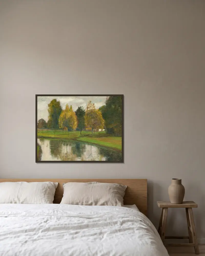 Herbstlandschaft am See von Otto Modersohn gerahmt an einer Wand