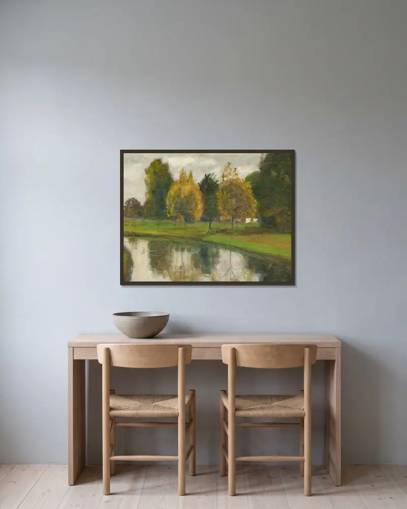 Herbstlandschaft am See von Otto Modersohn gerahmt an einer Wand