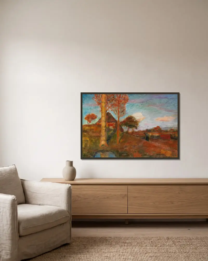 Herbstliche Abendsonne im Moor von Otto Modersohn gerahmt an einer Wand