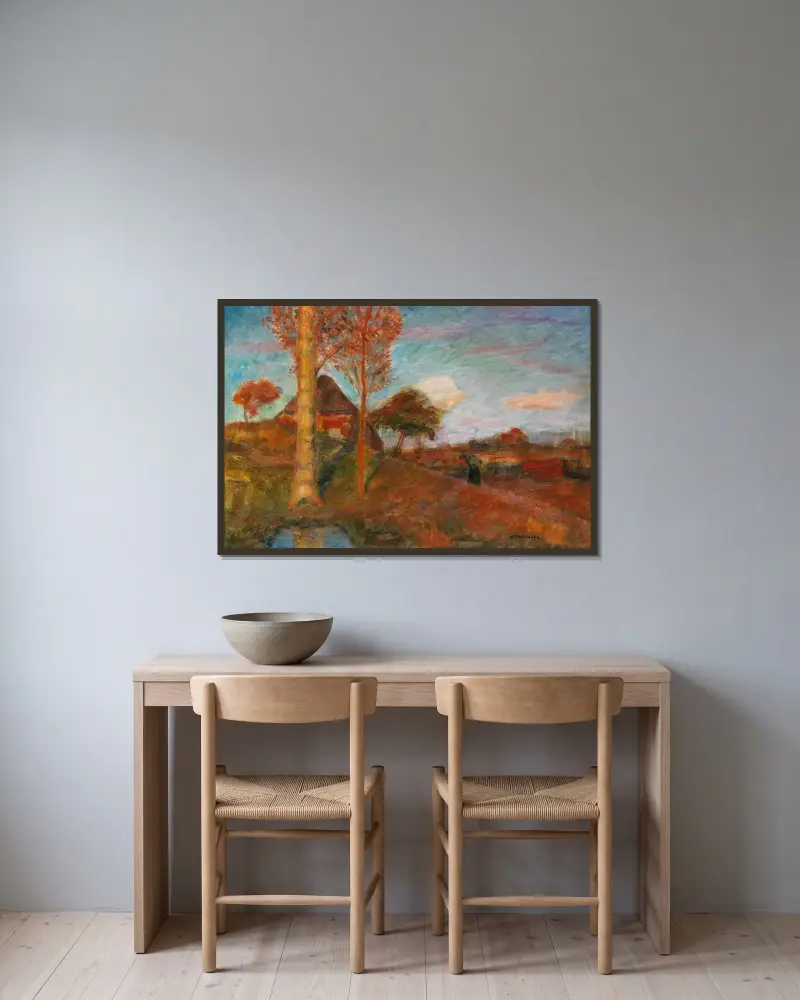 Herbstliche Abendsonne im Moor von Otto Modersohn gerahmt an einer Wand