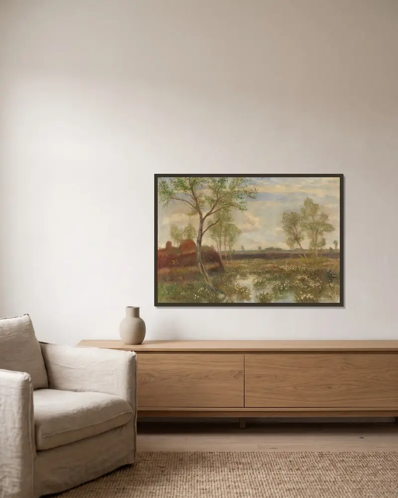 Landschaft bei Fischerhude (Frühling im Moor) av Otto Modersohn inramad på en vägg
