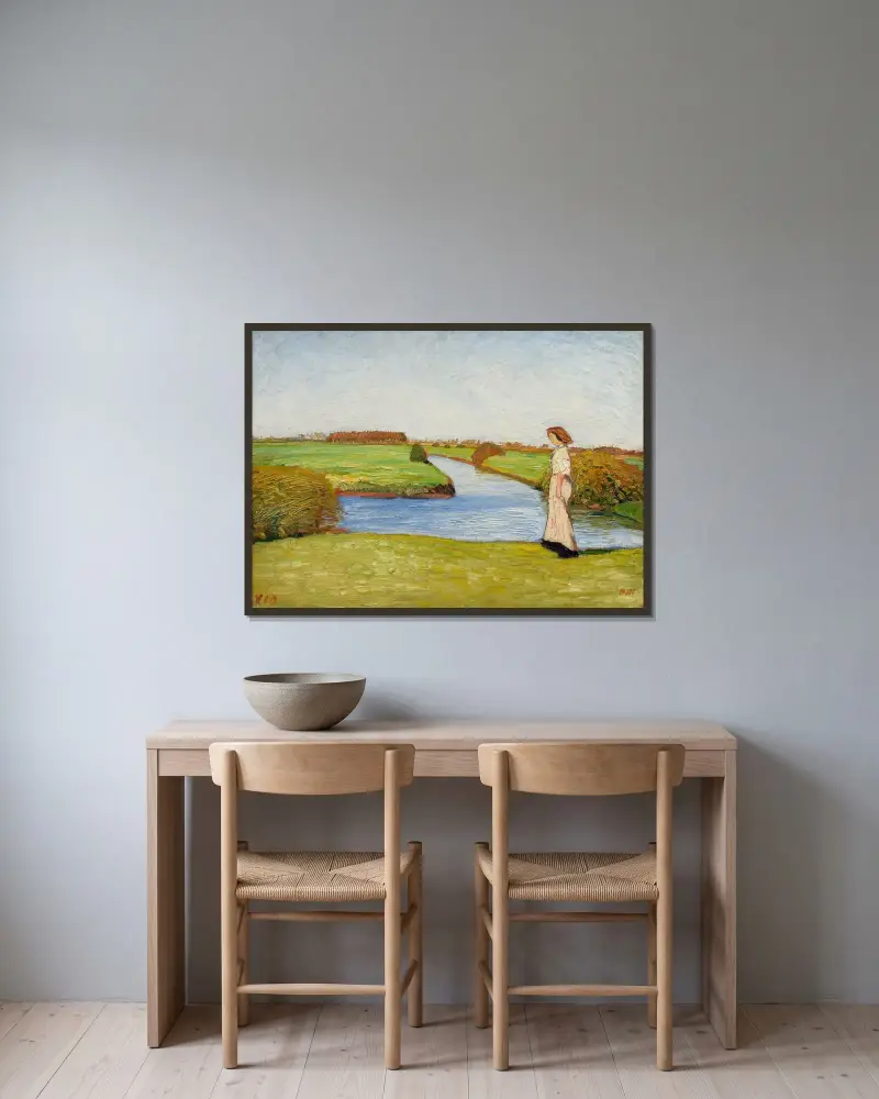 Louise Modersohn-Breling in den Wümmewiesen von Otto Modersohn gerahmt an einer Wand
