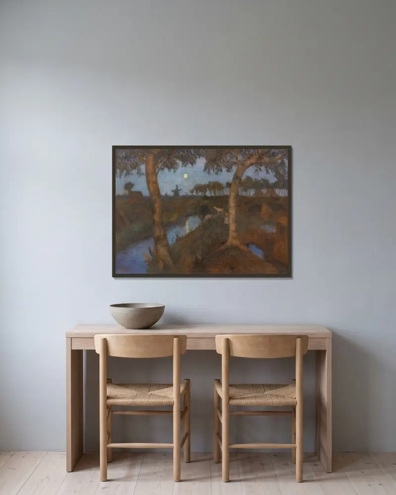 Månuppgång över mossen. Baksida: Blommande hed av Otto Modersohn inramad på en vägg