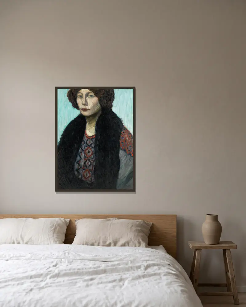 Porträt Louise Modersohn-Breling von Otto Modersohn gerahmt an einer Wand