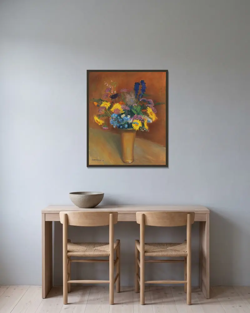 Sommerblumenstrauß von Otto Modersohn gerahmt an einer Wand