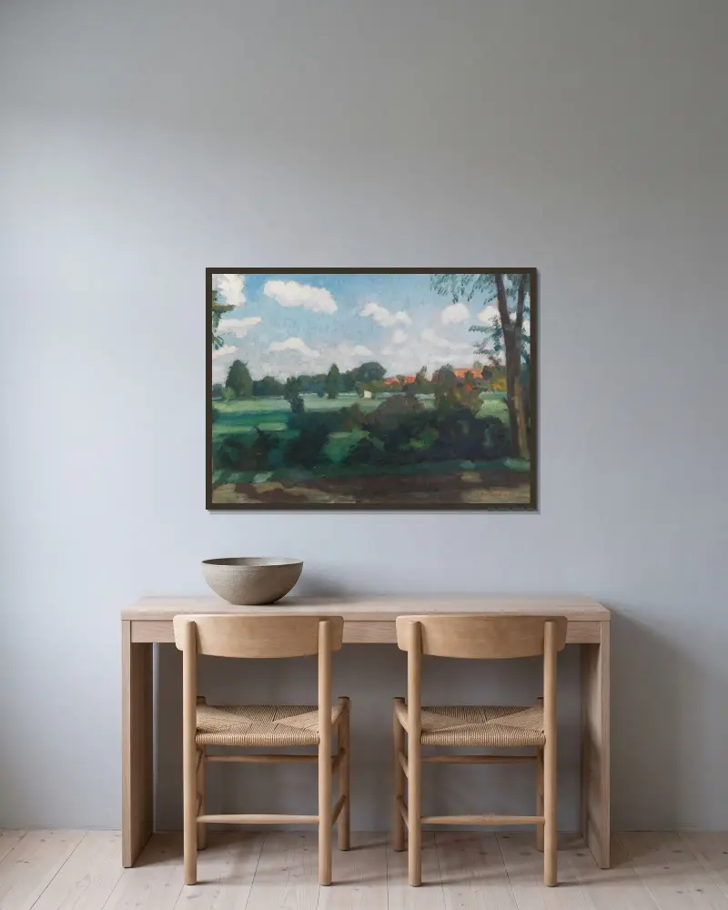 Sommerliche Wiesen bei Fischerhude, 1920 von Otto Modersohn gerahmt an einer Wand