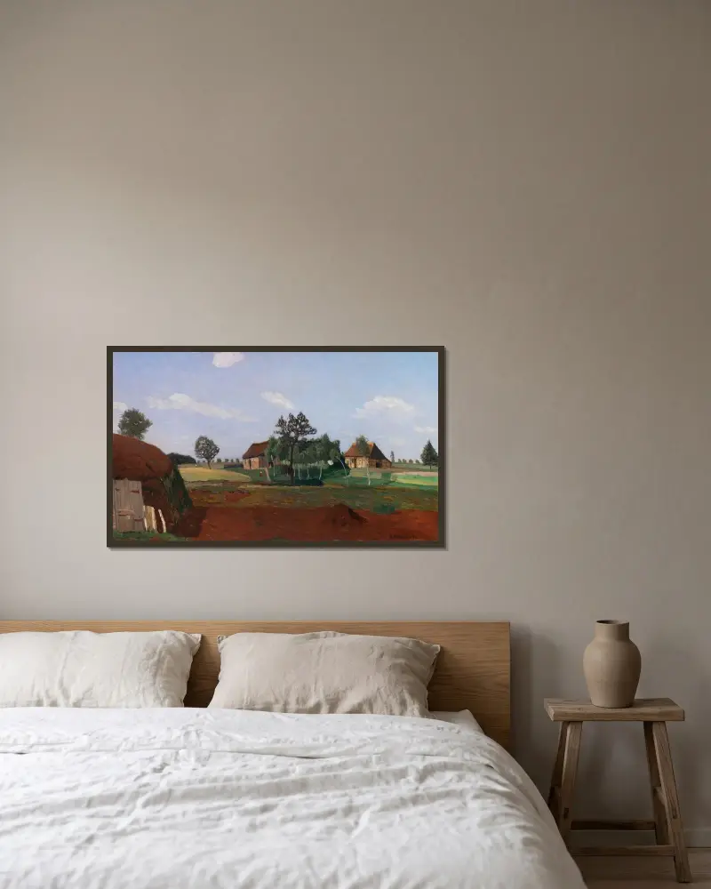 Sommertag im Moor (Erdhütte im Moor) von Otto Modersohn gerahmt an einer Wand