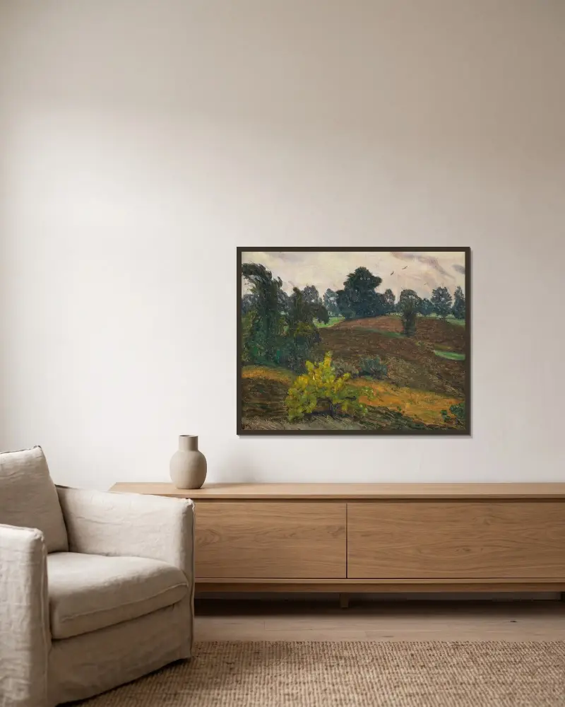 Stürmischer Tag über der Heide von Otto Modersohn gerahmt an einer Wand