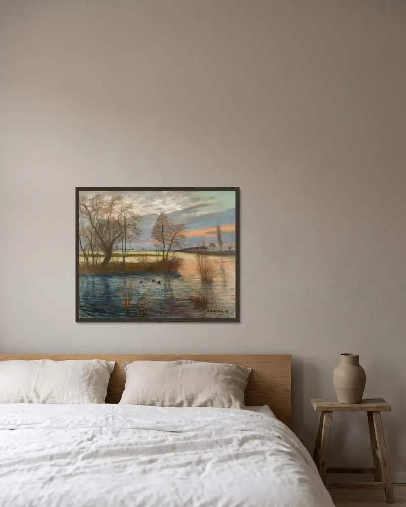 Überschwemmung im alten Dorf (Die Sagehorner Landstraße bei Hochwasser) von Otto Modersohn gerahmt an einer Wand