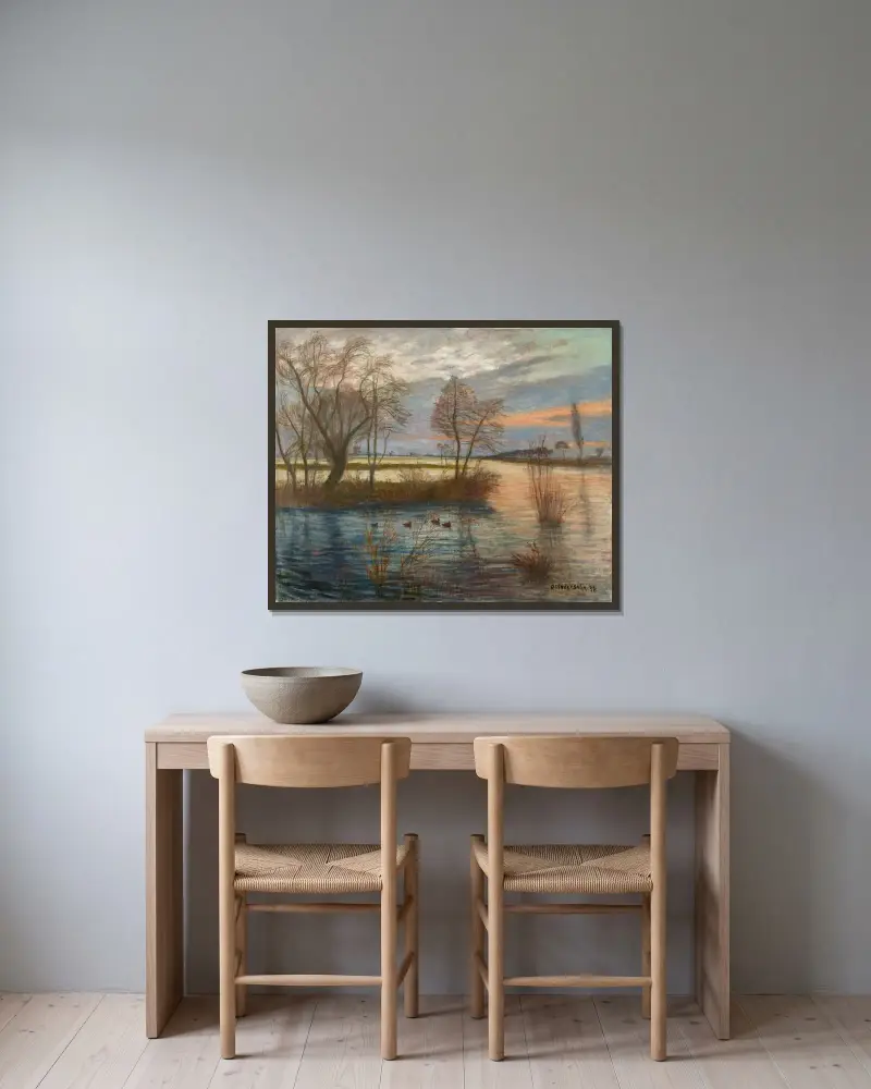 Überschwemmung im alten Dorf (Die Sagehorner Landstraße bei Hochwasser) von Otto Modersohn gerahmt an einer Wand