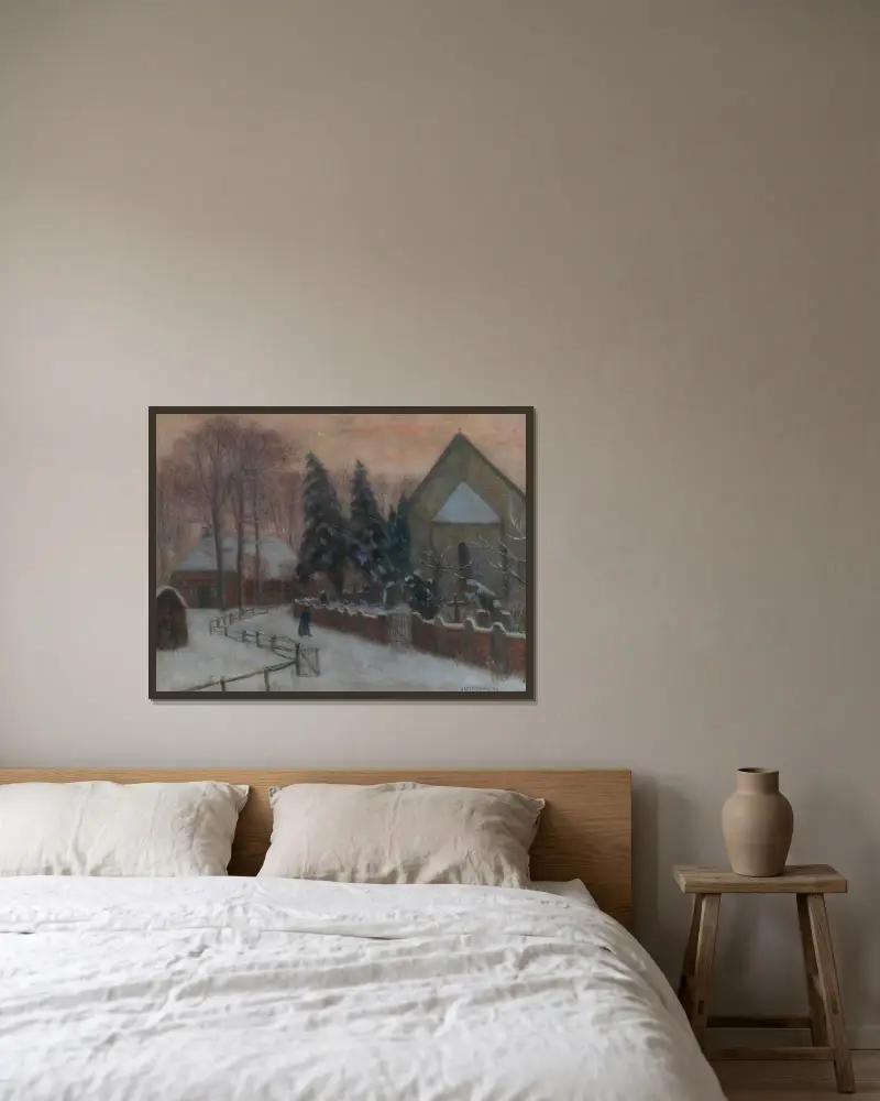 Vinterkväll, Fischerhude kyrka med hembygdsgård av Otto Modersohn inramad på en vägg