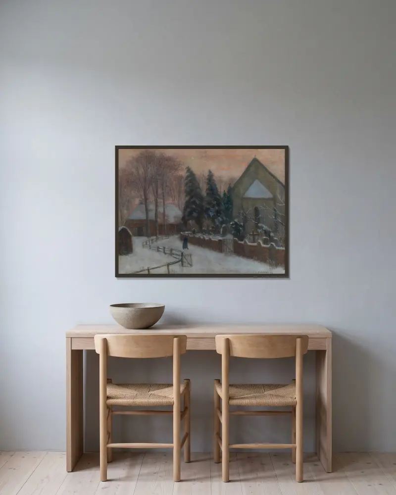 Vinterkväll, Fischerhude kyrka med hembygdsgård av Otto Modersohn inramad på en vägg