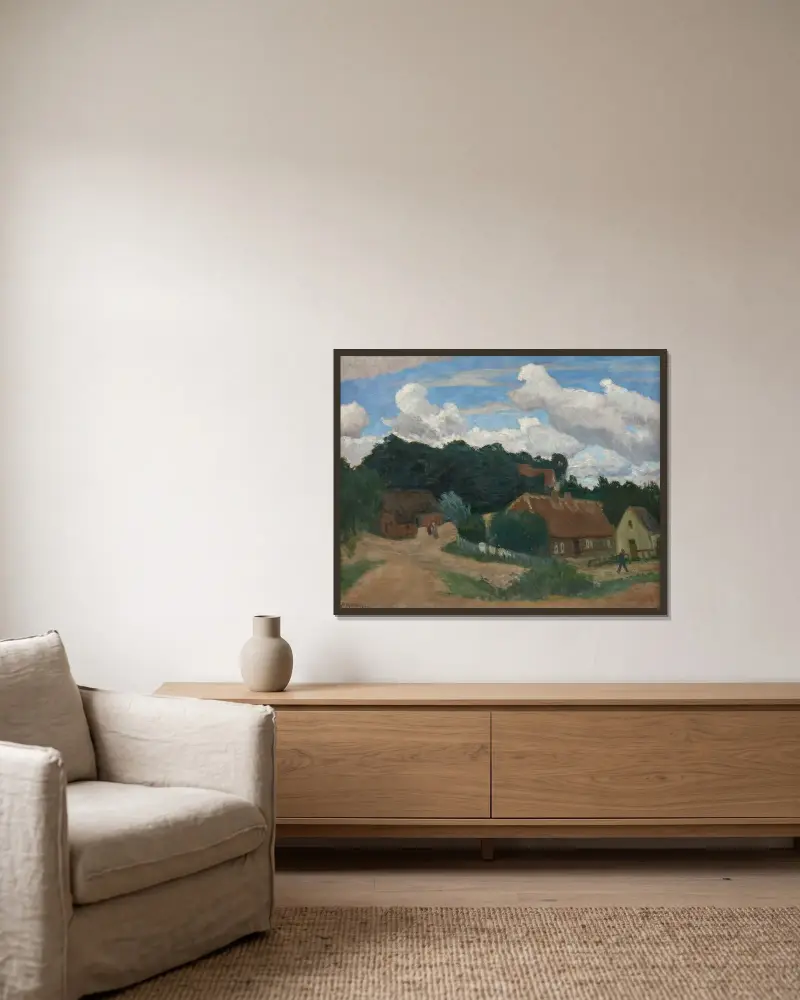 Worpswede – Dorfansicht mit Weyerberg von Otto Modersohn gerahmt an einer Wand