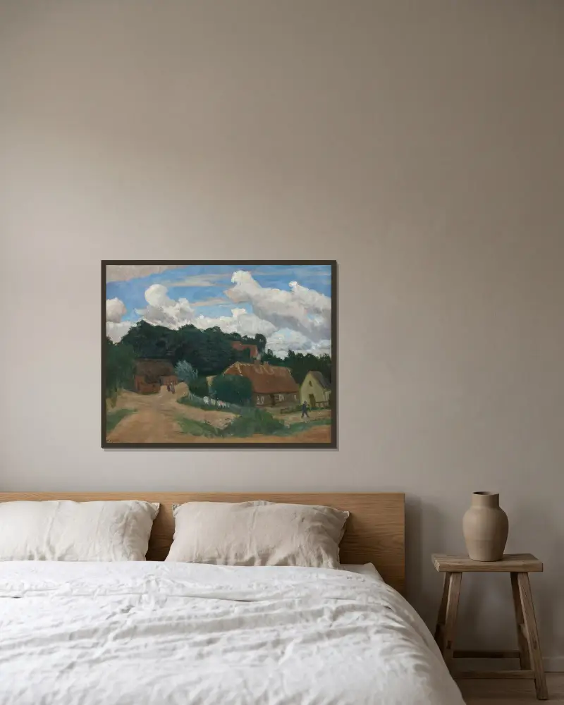 Worpswede – Dorfansicht mit Weyerberg von Otto Modersohn gerahmt an einer Wand