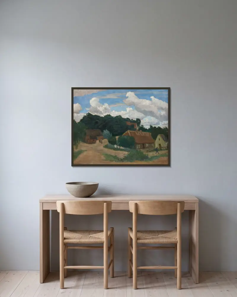 Worpswede – Dorfansicht mit Weyerberg von Otto Modersohn gerahmt an einer Wand