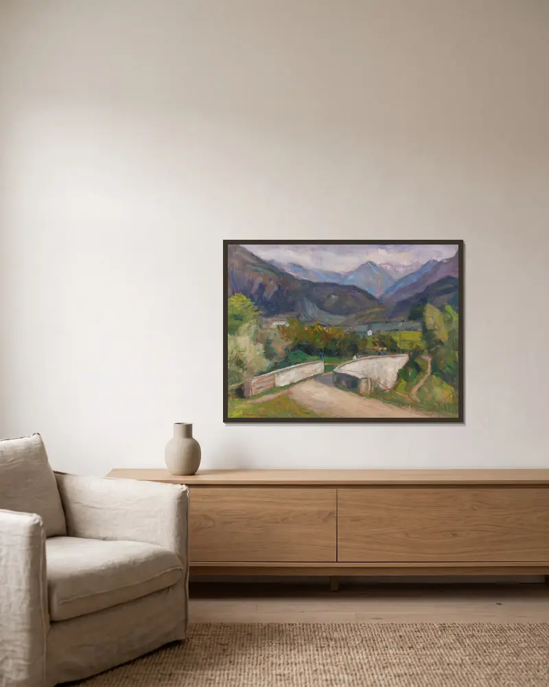 Zillenbachbrücke (Weg nach Gailenberg oberhalb von Hindelang im Allgäu) von Otto Modersohn gerahmt an einer Wand
