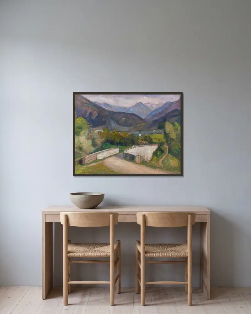 Zillenbachbrücke (Weg nach Gailenberg oberhalb von Hindelang im Allgäu) von Otto Modersohn gerahmt an einer Wand