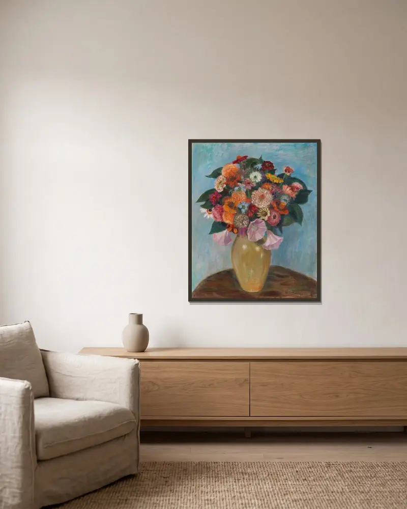Zinnien und Malven von Otto Modersohn gerahmt an einer Wand