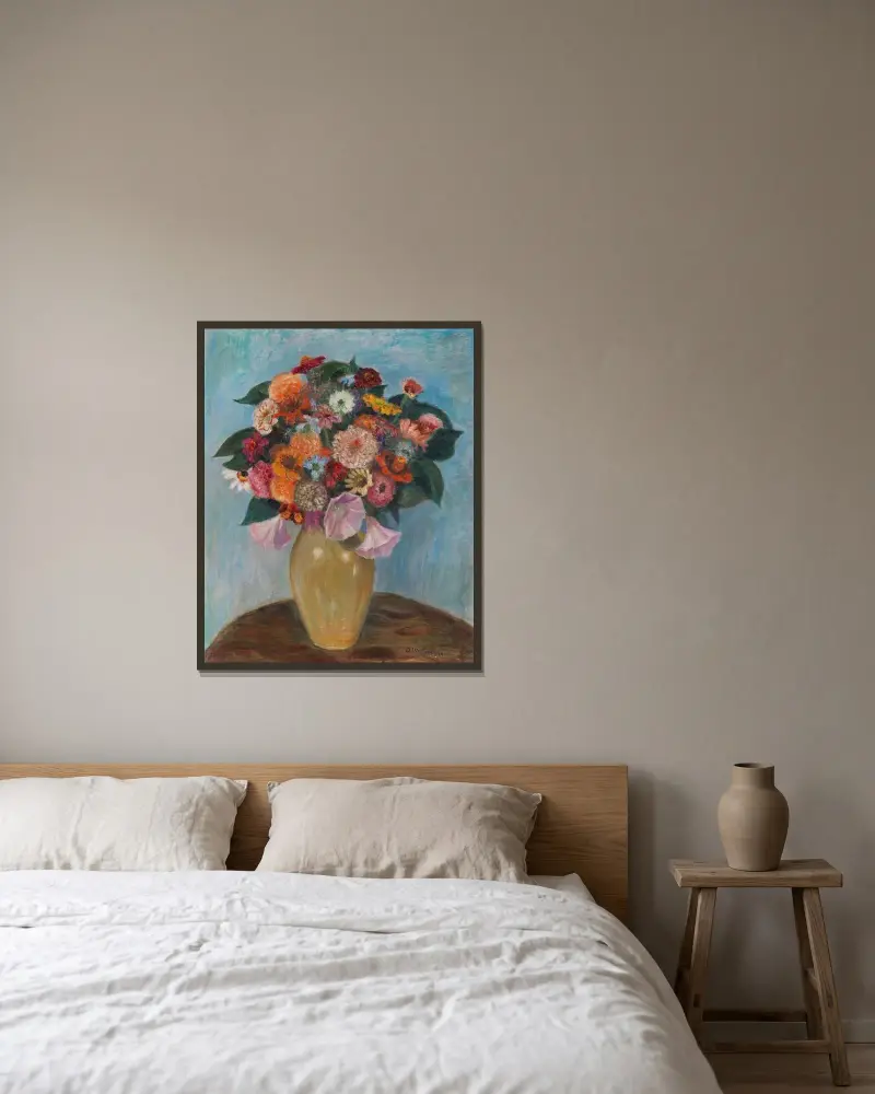 Zinnien und Malven von Otto Modersohn gerahmt an einer Wand