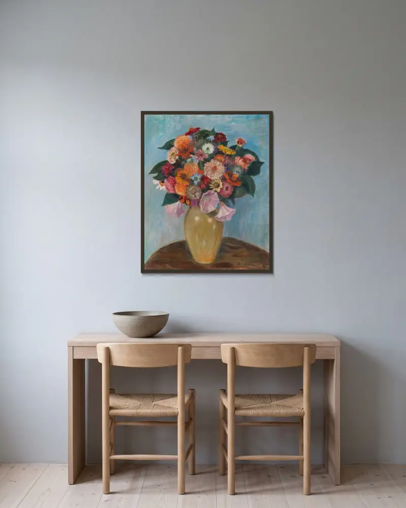 Zinnien und Malven von Otto Modersohn gerahmt an einer Wand
