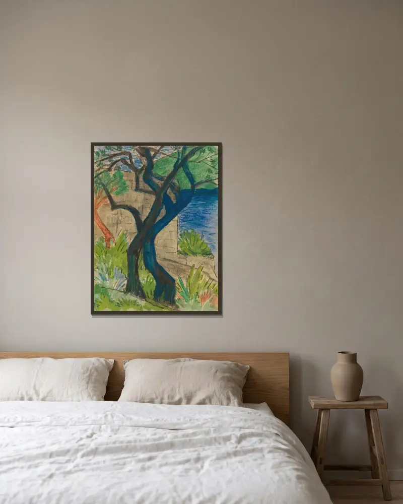 Flussufer mit blauem Baum von Otto Mueller gerahmt an einer Wand