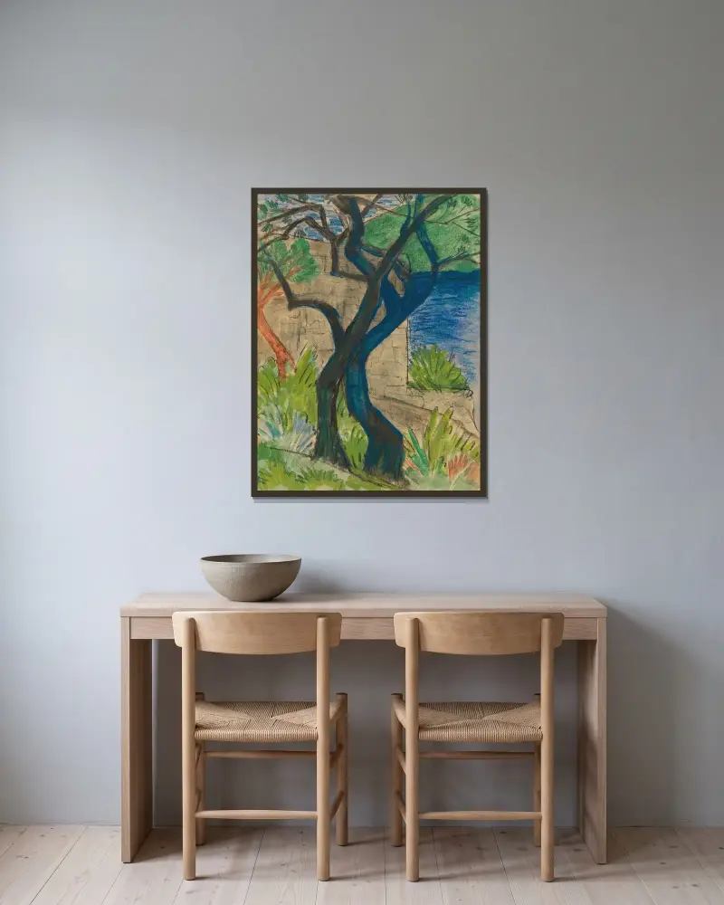 Flussufer mit blauem Baum von Otto Mueller gerahmt an einer Wand