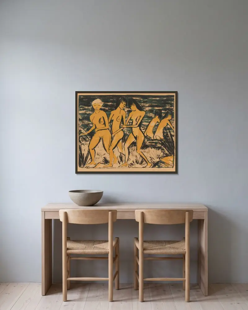 Fünf gelbe Akte am Wasser, 1921 – Nr. 2 – Nr. 2 von Otto Mueller gerahmt an einer Wand