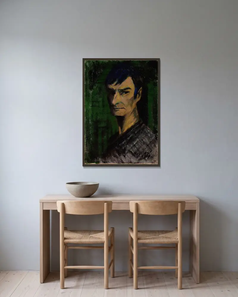 Selbstporträt von Otto Mueller gerahmt an einer Wand