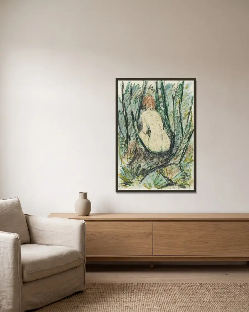 Sitzender Rückenakt im Wald von Otto Mueller gerahmt an einer Wand