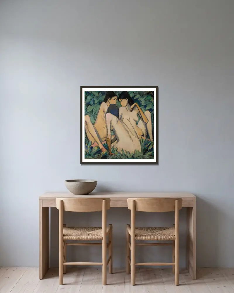 Three Women in a Wood av Otto Mueller inramad på en vägg