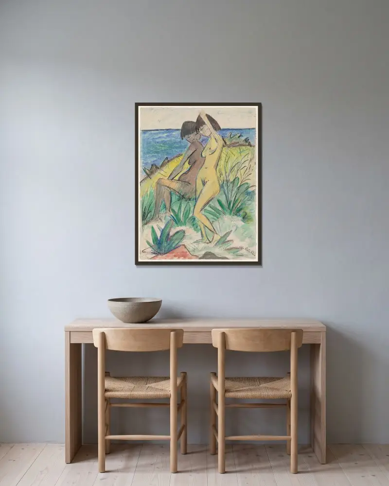 Zwei Badende von Otto Mueller gerahmt an einer Wand