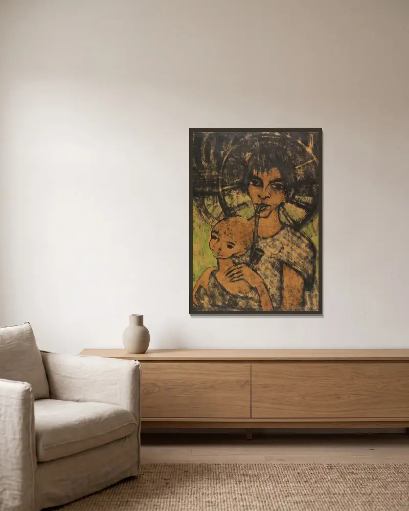 Zigeunermadonna (Zigeunerin mit Kind vorm Wagenrad) von Otto Mueller gerahmt an einer Wand