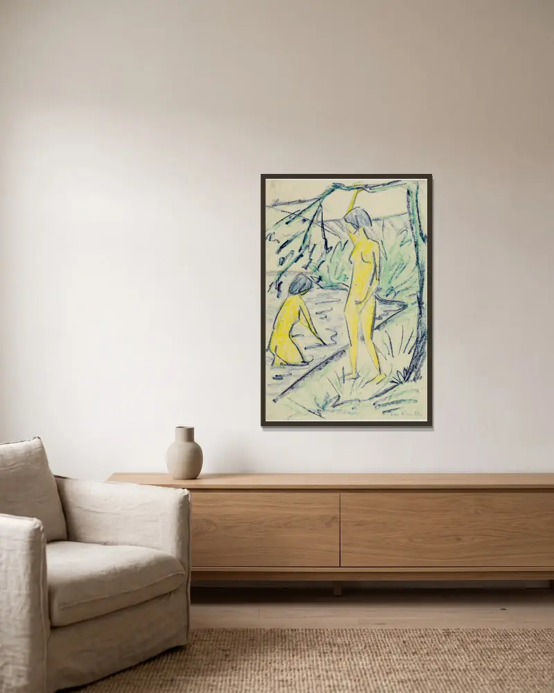 Zwei badende Mädchen von Otto Mueller gerahmt an einer Wand