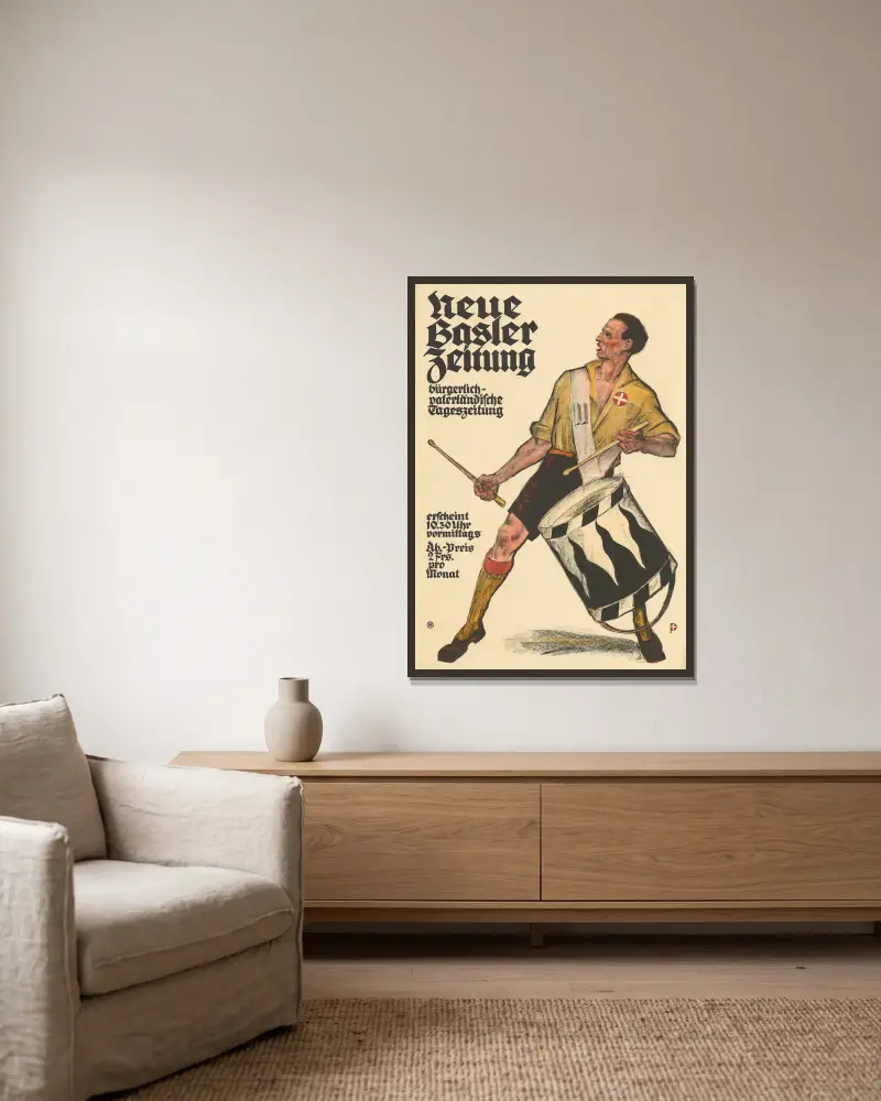 Neue Basler Zeitung von Otto Plattner gerahmt an einer Wand