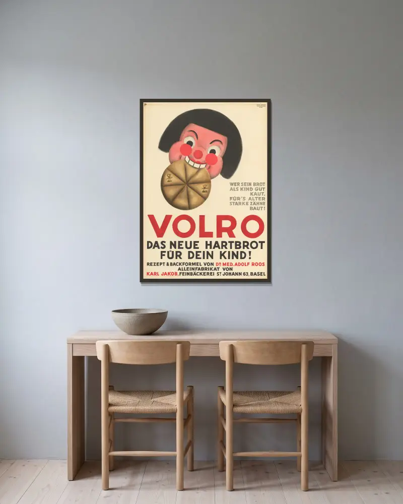 Volro – Das neue Hartbrot für dein Kind av Otto Plattner inramad på en vägg