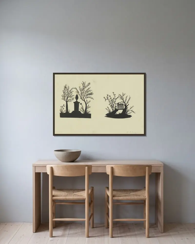 Altar mit antiker Vase und Vogelkäfig zwischen zwei Baumstümpfen av Philipp Otto Runge inramad på en vägg
