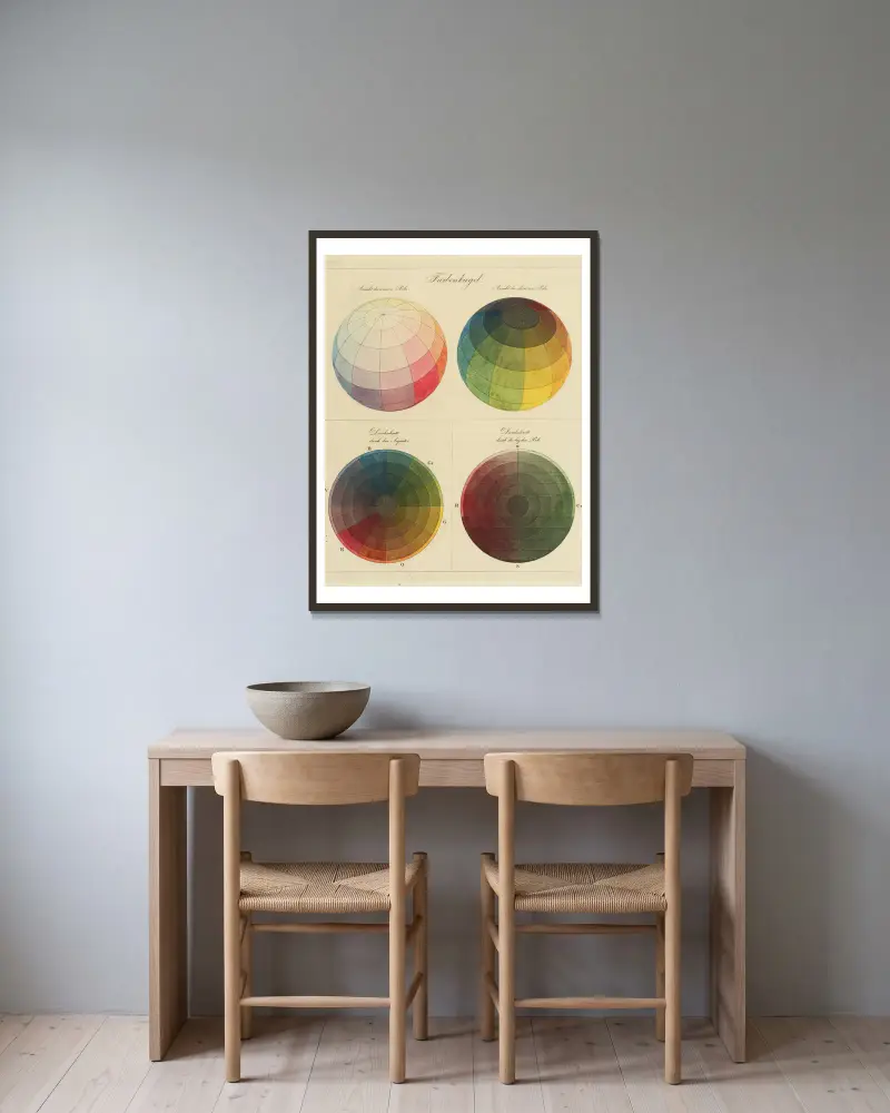 Farbtheorie-Diagramm von Philipp Otto Runge gerahmt an einer Wand